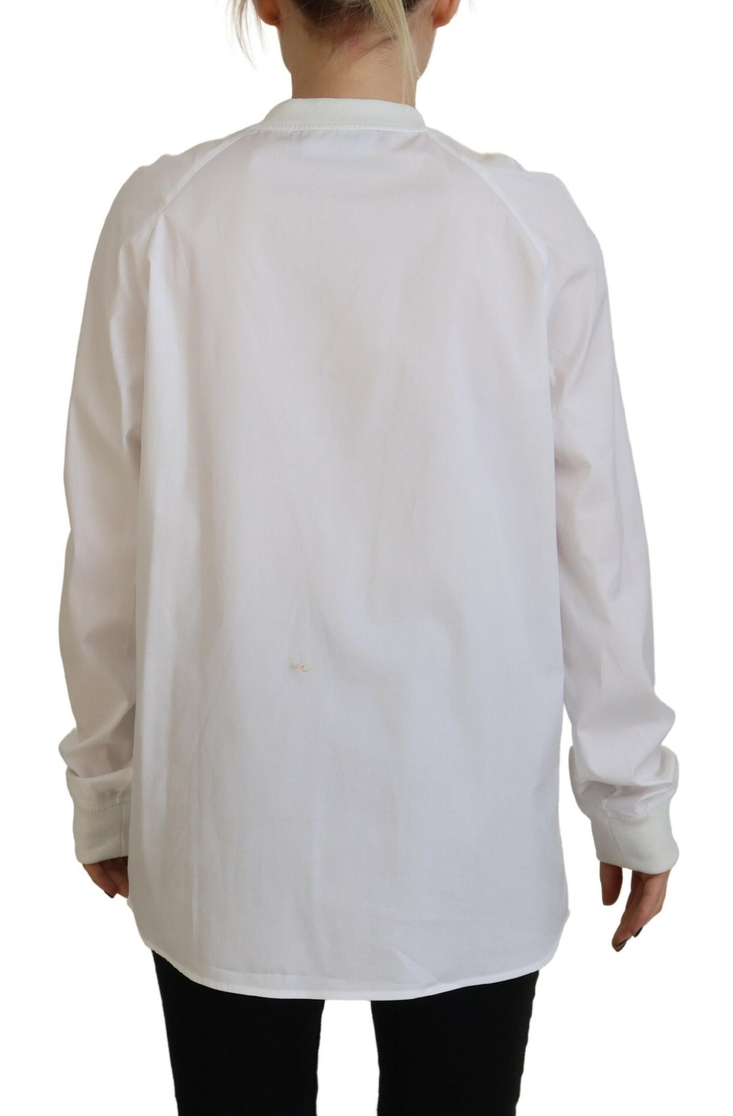  - White Cotton Button Down Long Sleeves Crewneck Top