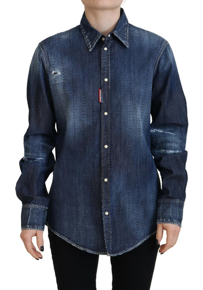  - Blue Washed Cotton Button Down Collared Denim Top