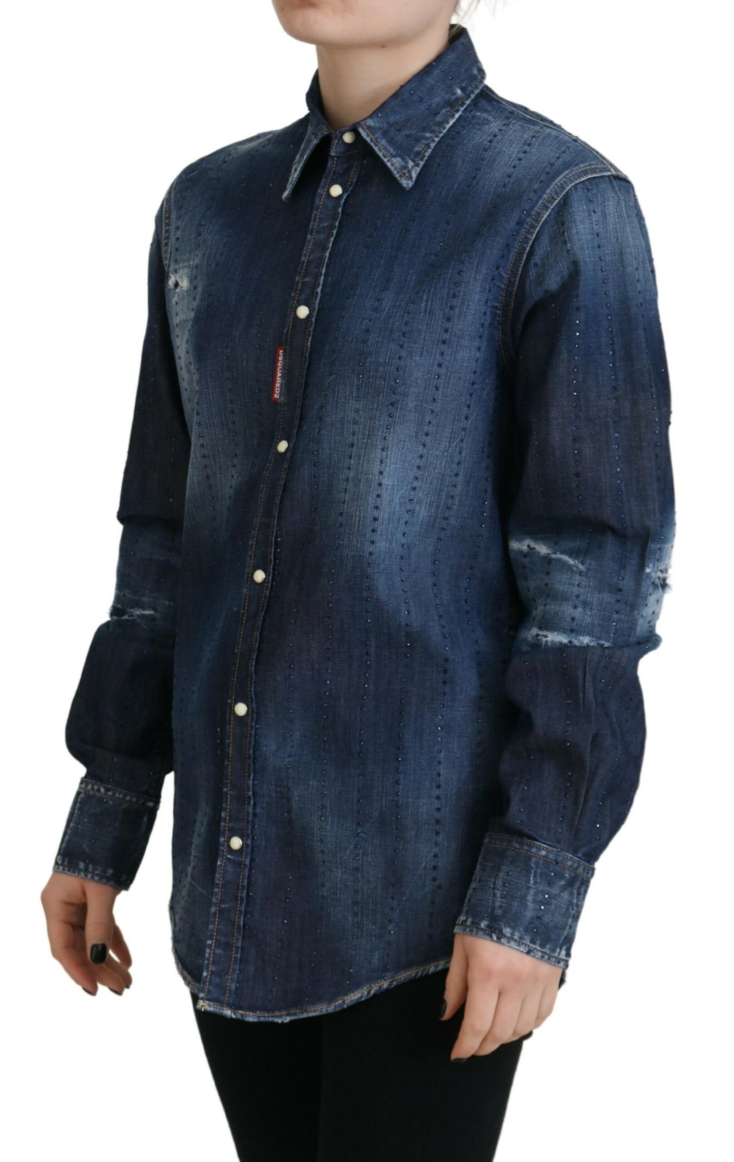  - Blue Washed Cotton Button Down Collared Denim Top