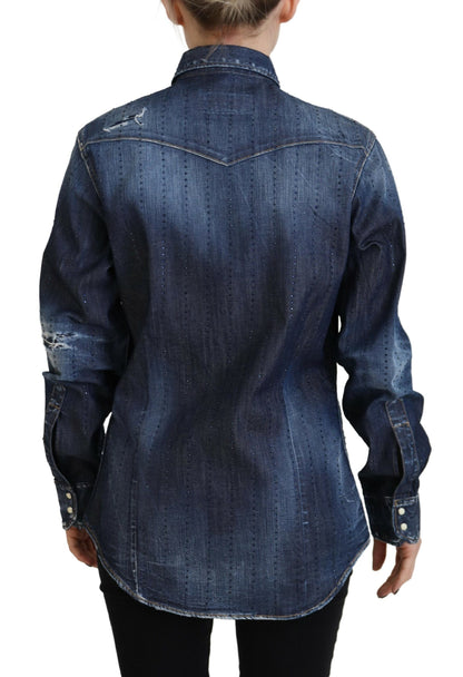  - Blue Washed Cotton Button Down Collared Denim Top