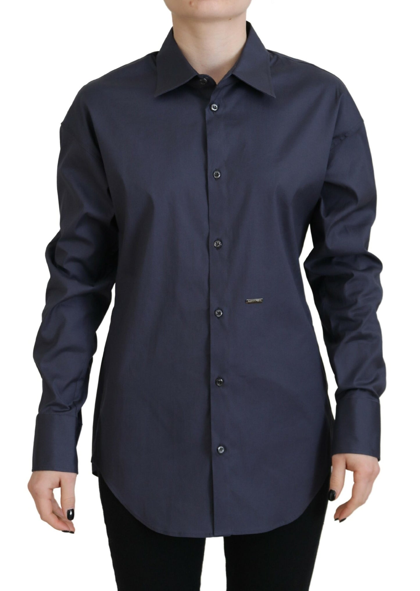  - Navy Blue Cotton Button Down Collared Shirt Top