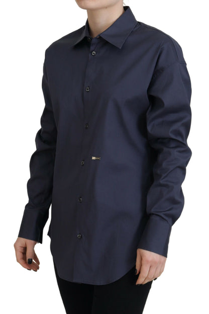  - Navy Blue Cotton Button Down Collared Shirt Top