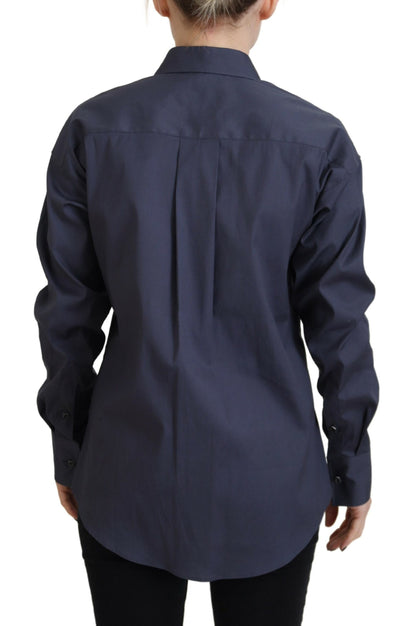  - Navy Blue Cotton Button Down Collared Shirt Top