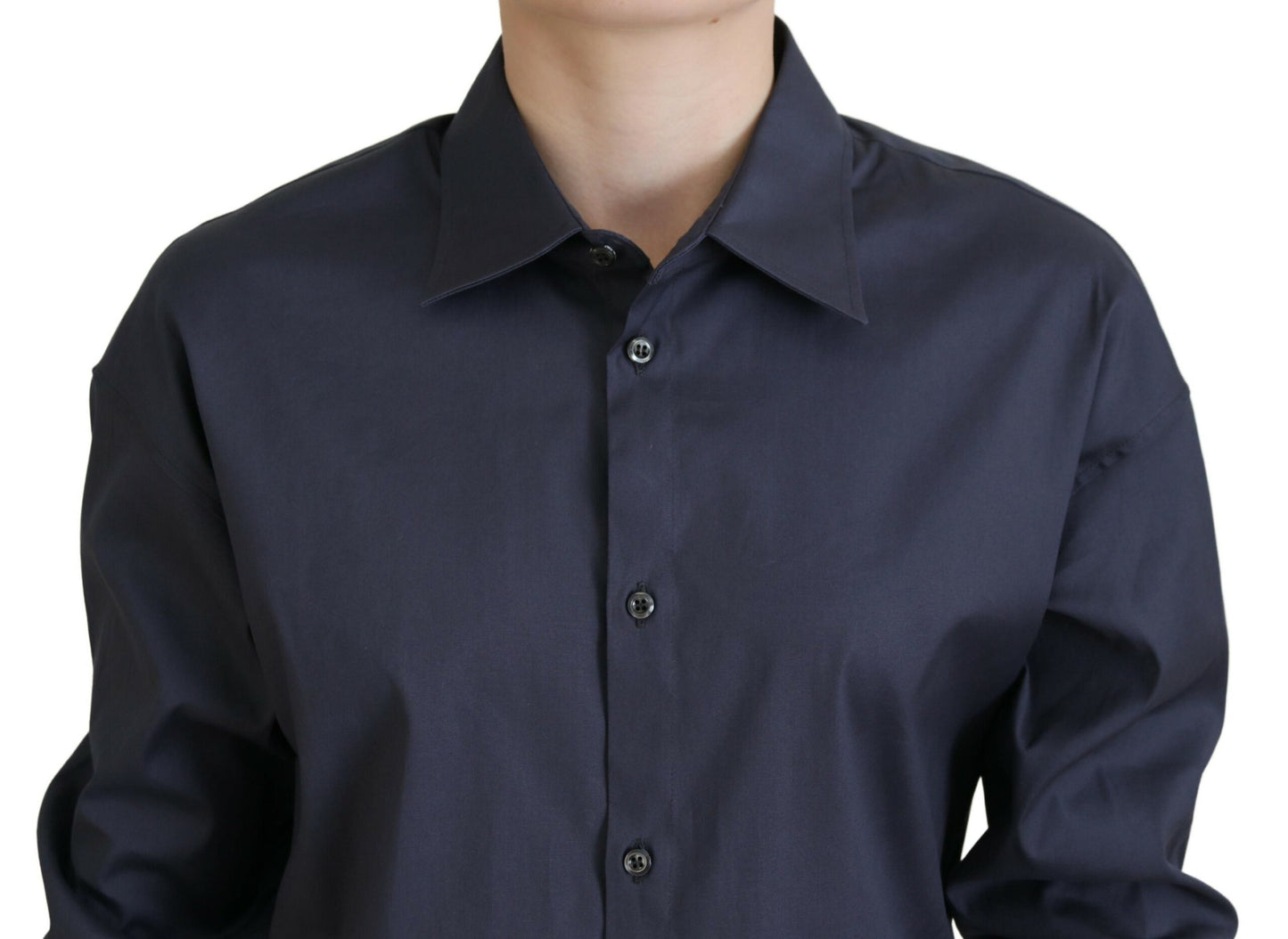  - Navy Blue Cotton Button Down Collared Shirt Top