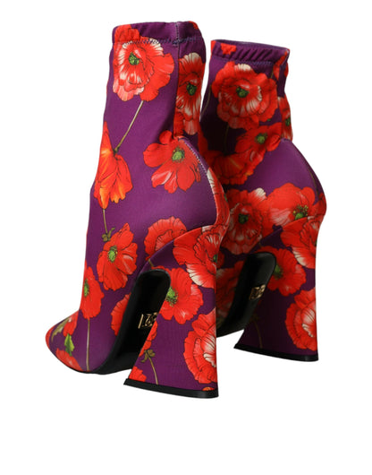  - Purple Floral Jersey Stretch Boots Shoes