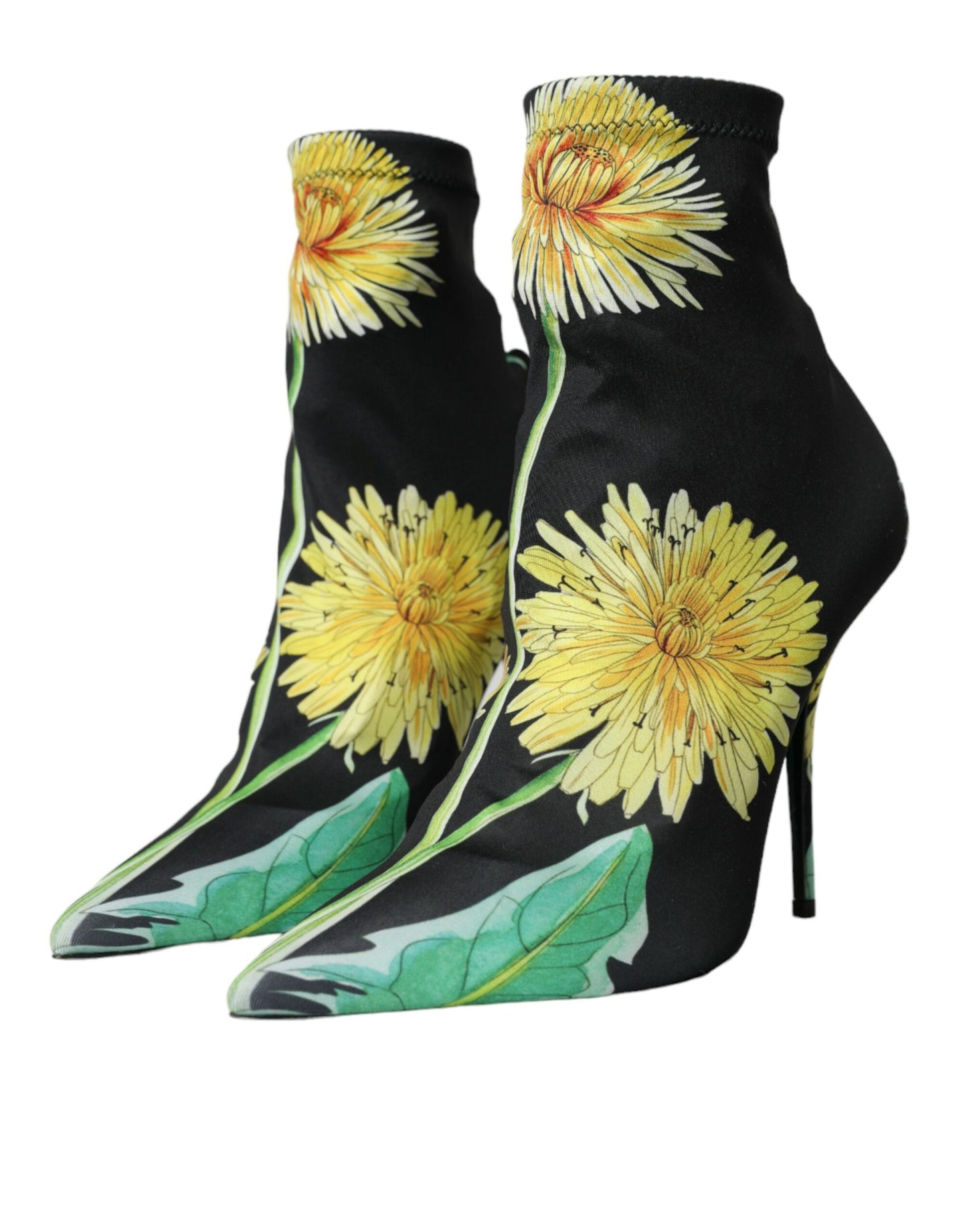  - Black Floral Jersey Stretch Ankle Boots Shoes