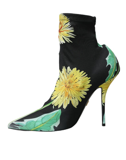  - Black Floral Jersey Stretch Ankle Boots Shoes