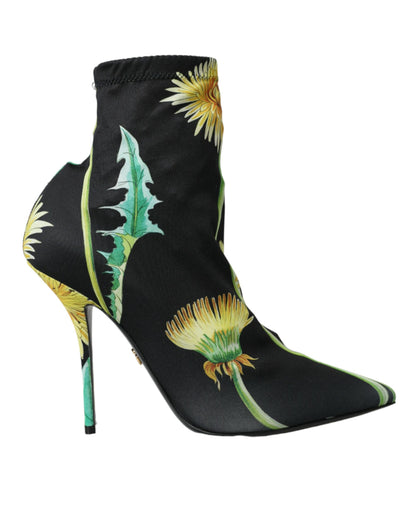  - Black Floral Jersey Stretch Ankle Boots Shoes