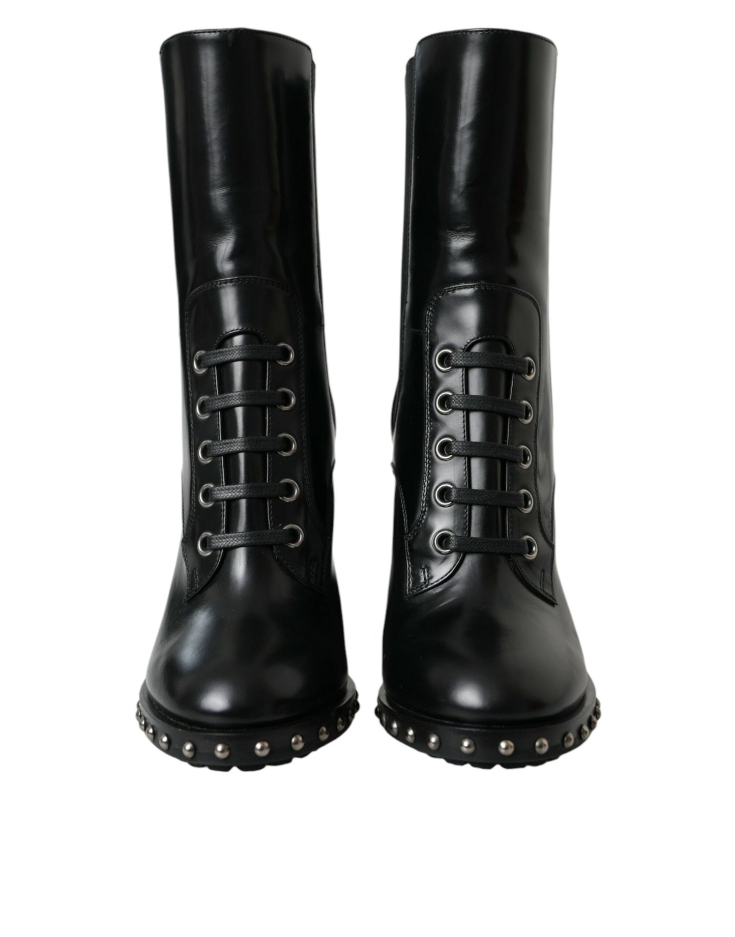  - Black Leather Studded Lace Up Boots Shoes