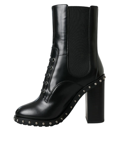  - Black Leather Studded Lace Up Boots Shoes