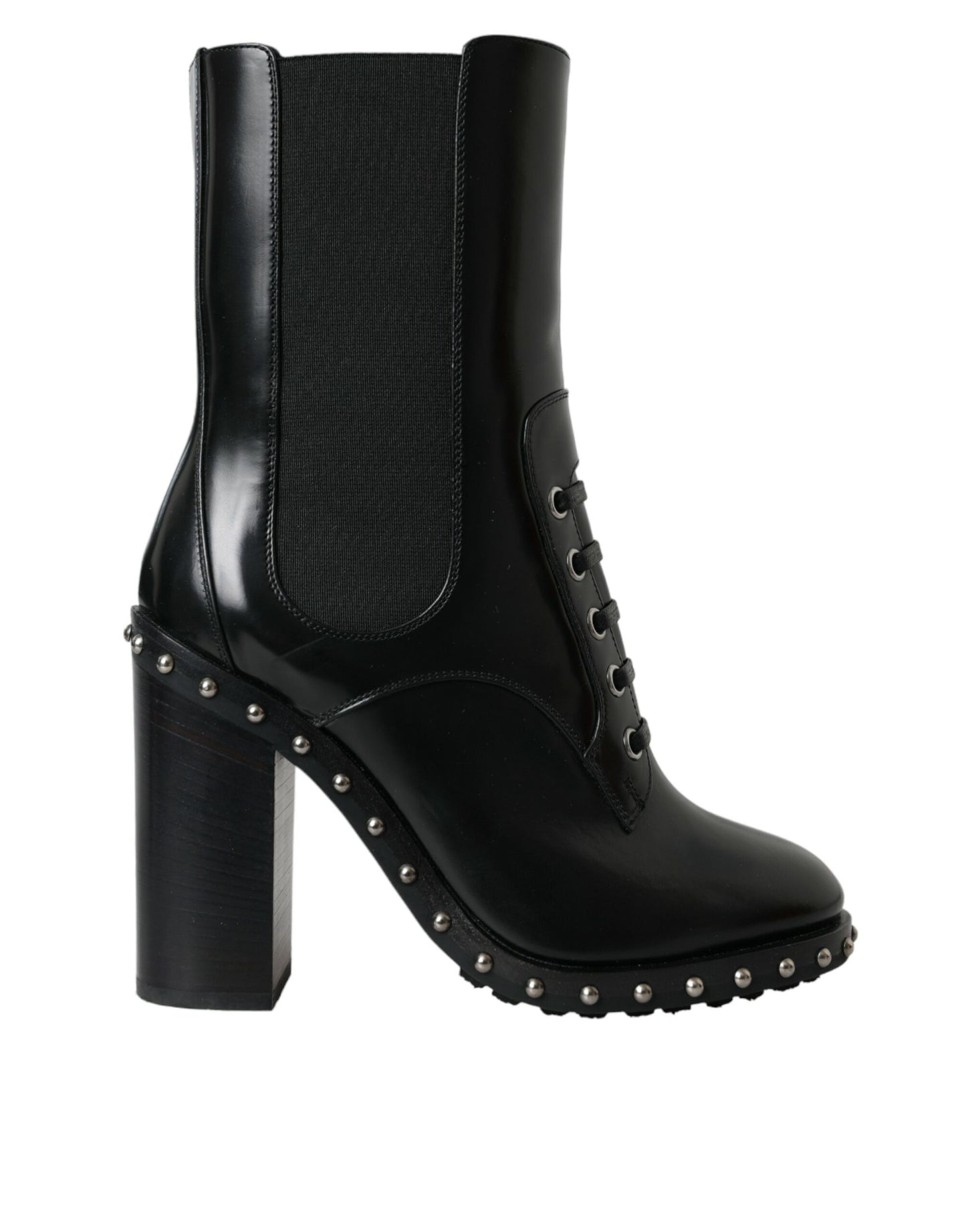  - Black Leather Studded Lace Up Boots Shoes