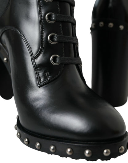  - Black Leather Studded Lace Up Boots Shoes