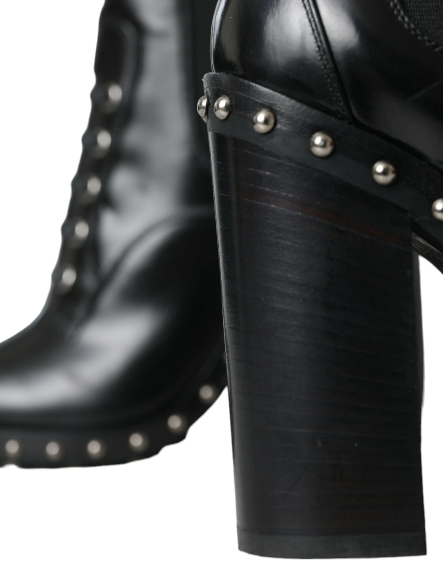  - Black Leather Studded Lace Up Boots Shoes