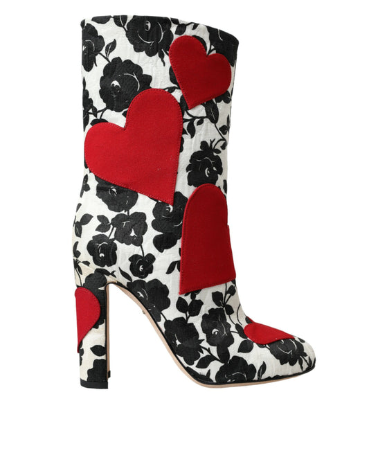  - White Floral Hearts Leather High Boots Shoes