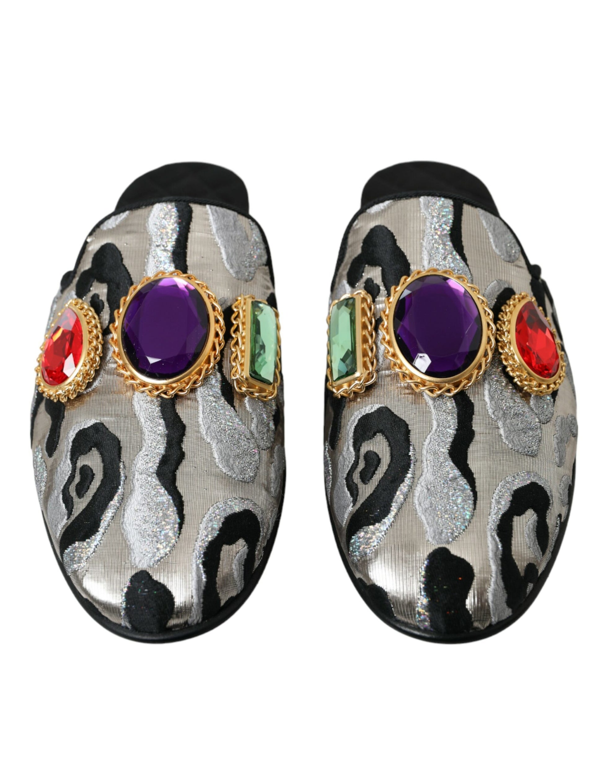 Dolce & Gabbana Gray Jacquard Crystal Mule Flat Sandals