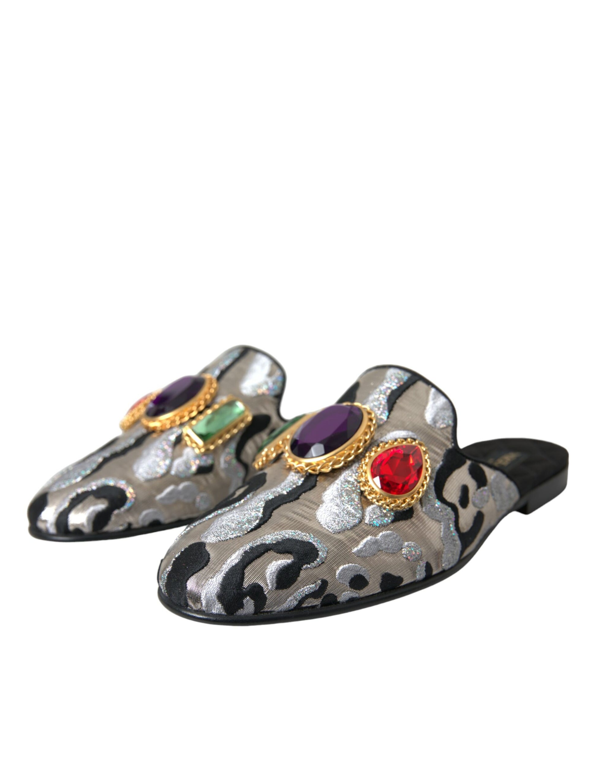 Dolce & Gabbana Gray Jacquard Crystal Mule Flat Sandals