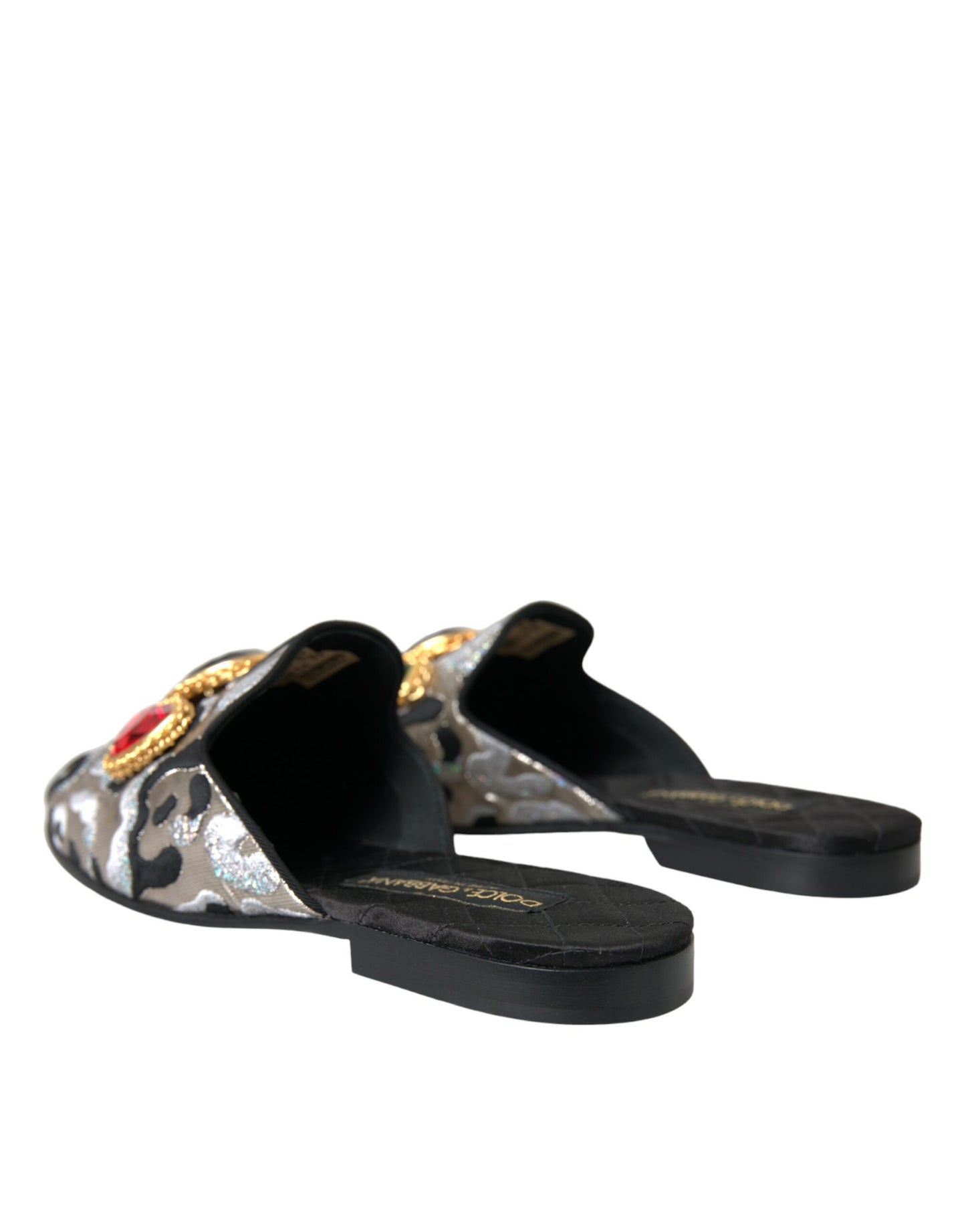 Dolce & Gabbana Gray Jacquard Crystal Mule Flat Sandals