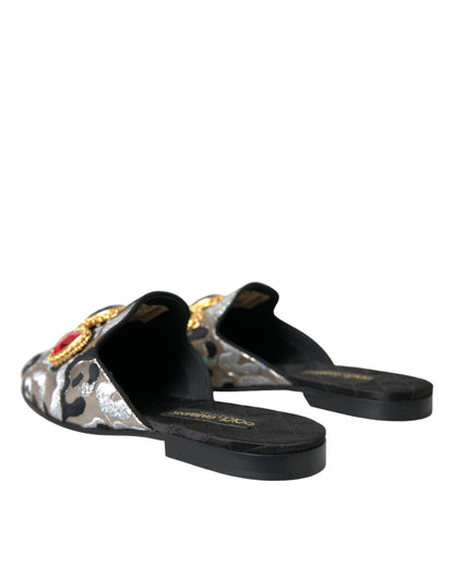 Dolce & Gabbana Gray Jacquard Crystal Mule Flat Sandals