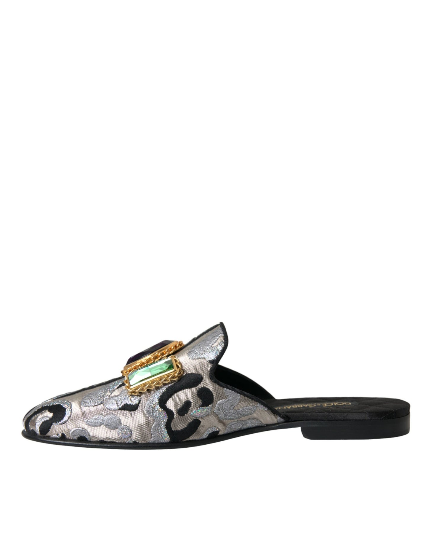 Dolce & Gabbana Gray Jacquard Crystal Mule Flat Sandals
