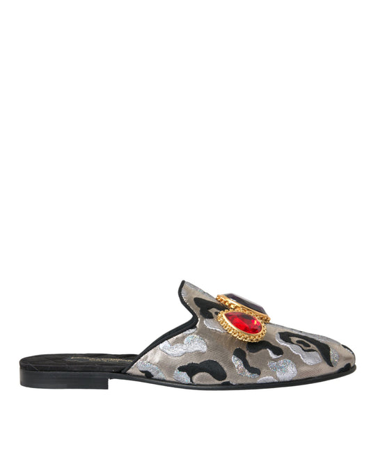 Dolce & Gabbana Gray Jacquard Crystal Mule Flat Sandals