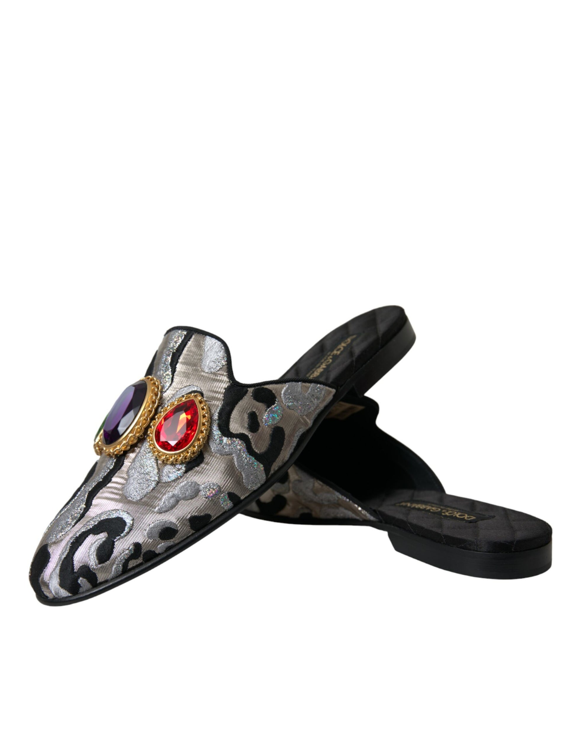 Dolce & Gabbana Gray Jacquard Crystal Mule Flat Sandals