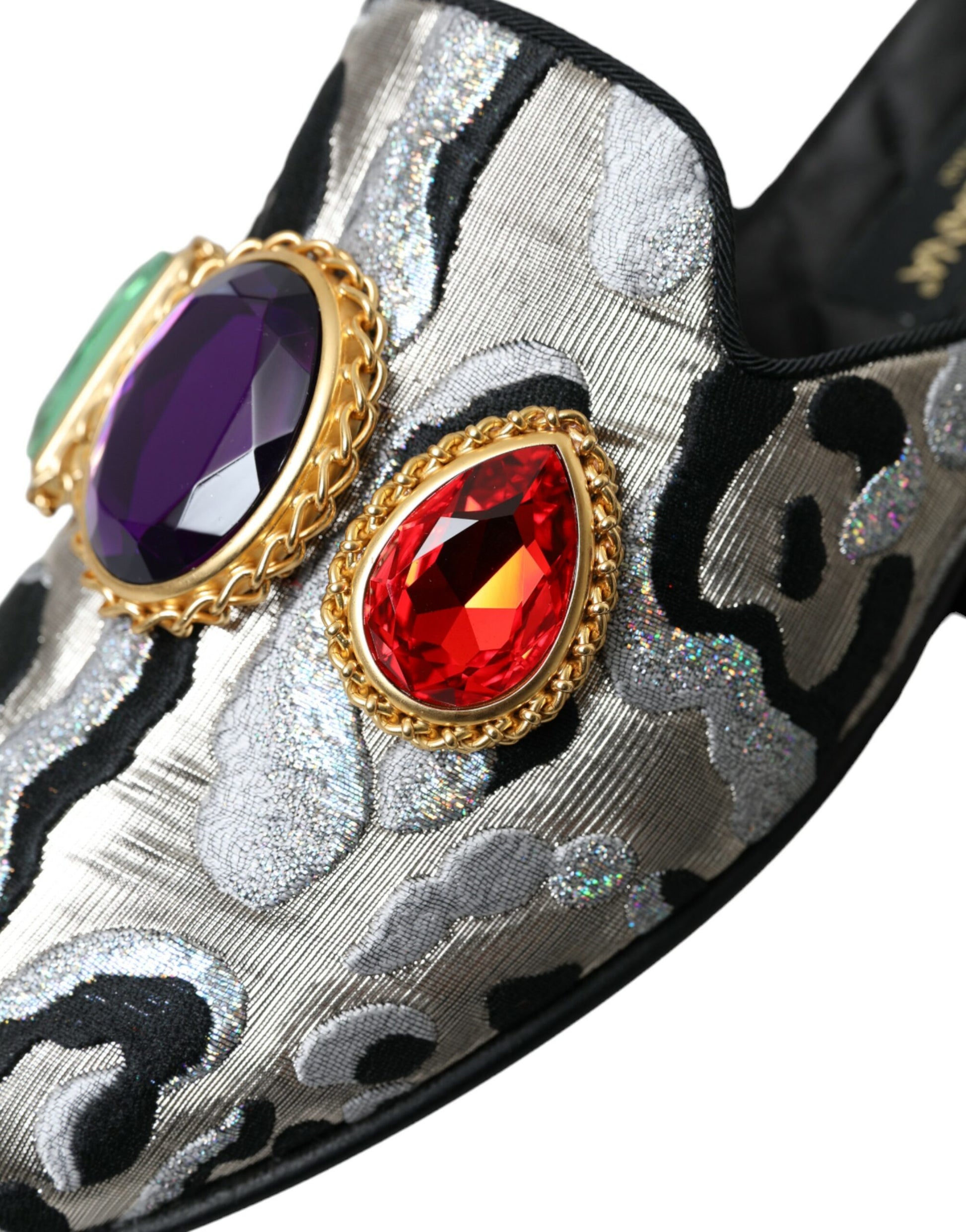 Dolce & Gabbana Gray Jacquard Crystal Mule Flat Sandals