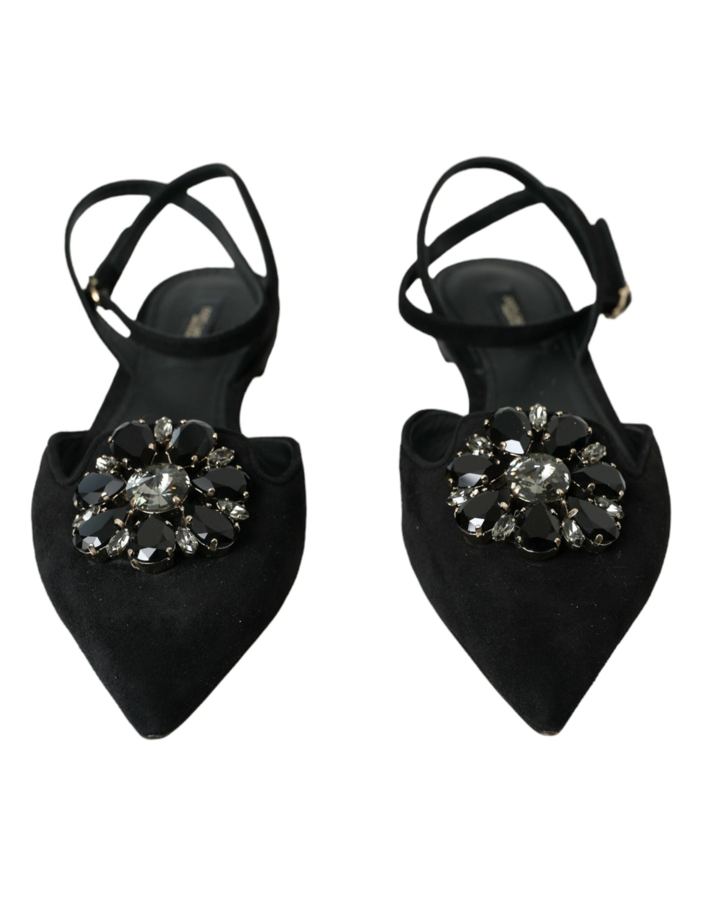  - Black Leather Crystal Slingback Sandals Shoes