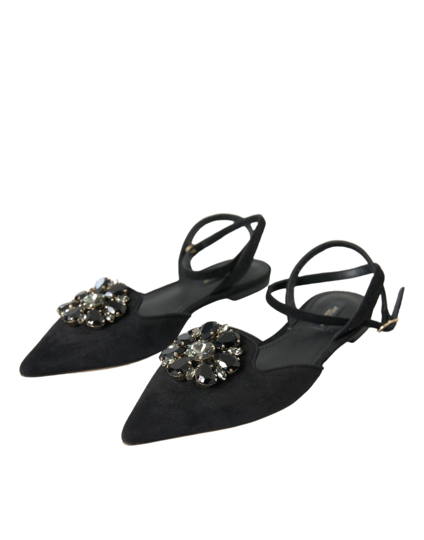  - Black Leather Crystal Slingback Sandals Shoes