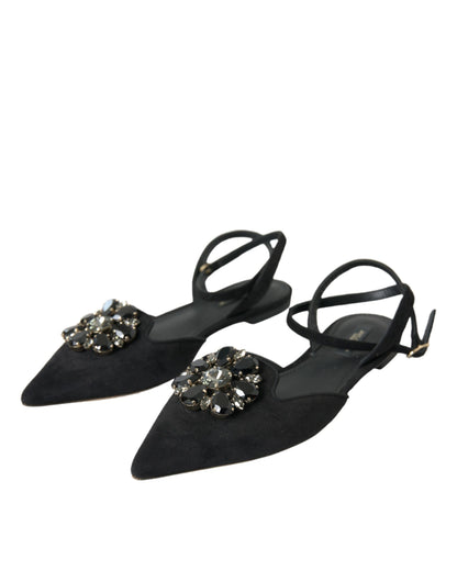  - Black Leather Crystal Slingback Sandals Shoes