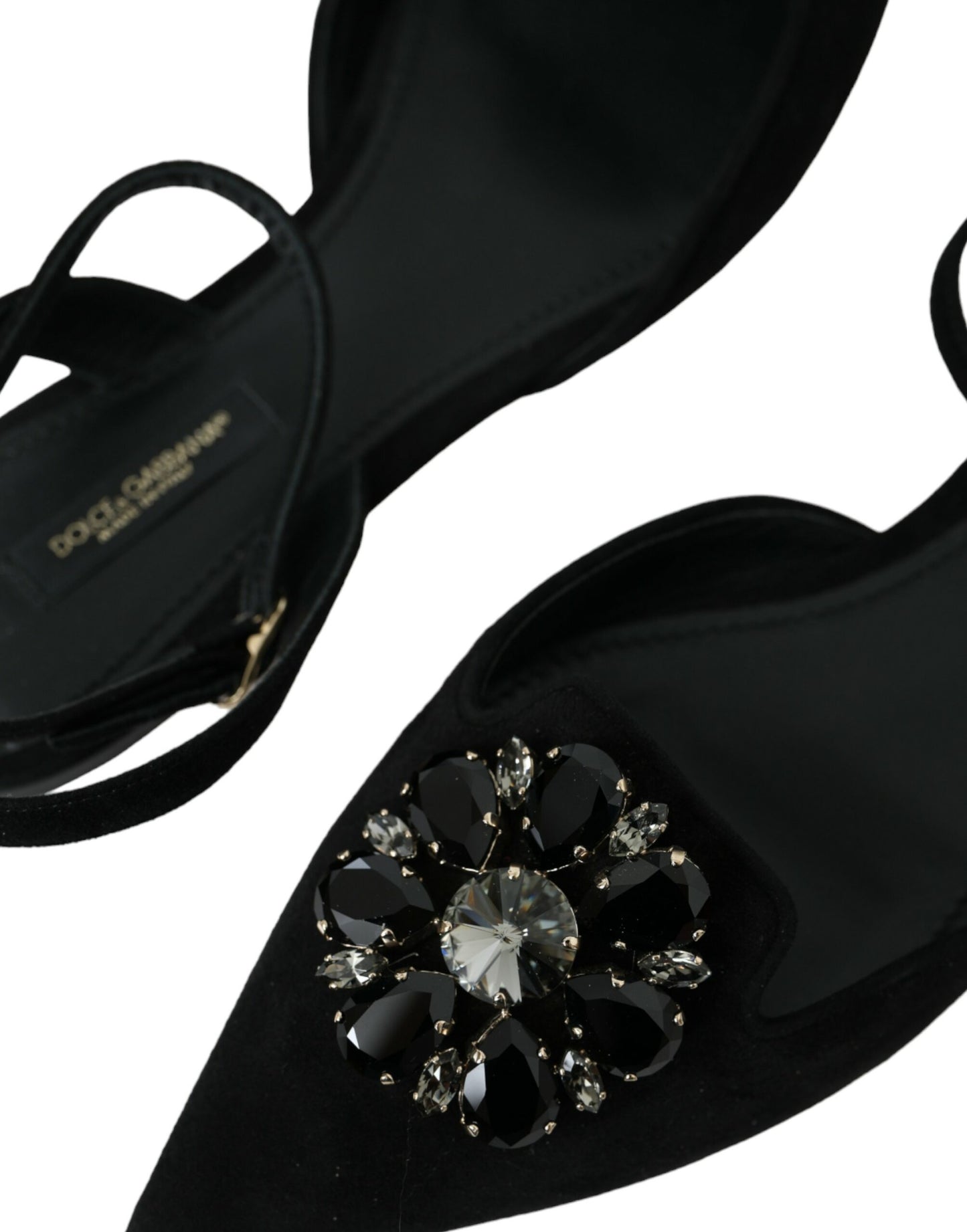  - Black Leather Crystal Slingback Sandals Shoes