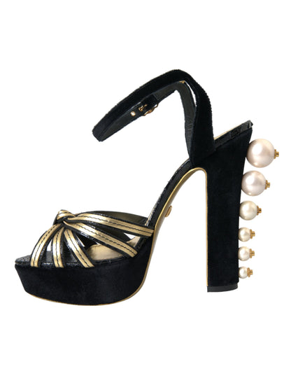  - Black Gold Embellished Heels Sandals Shoes