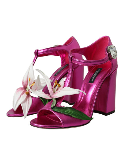  - Pink Leather Crystals Floral Sandals Shoes