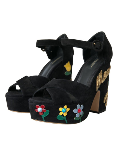  - Black Suede Ankle Strap Heels Sandals Shoes