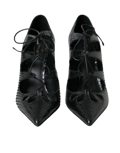 Black Python Leather Mary Jane Pumps Shoes