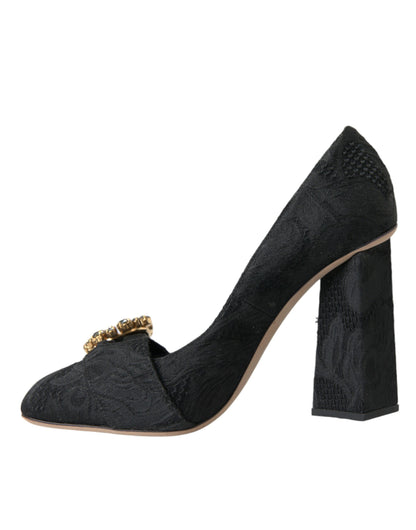 Black Brocade Crystals Heels Pumps Shoes - The Luxe Alliance