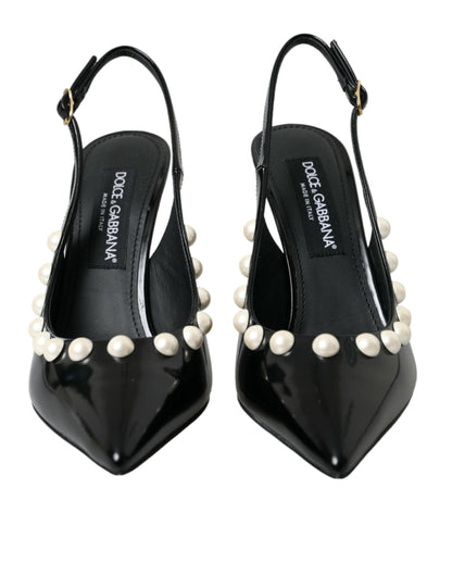 Black Leather Faux Pearl Heel Slingback Shoes - The Luxe Alliance