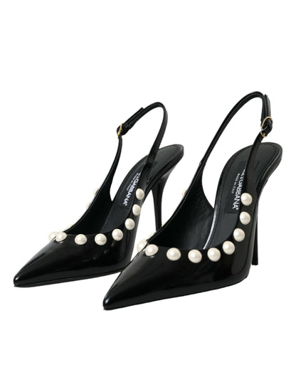 Black Leather Faux Pearl Heel Slingback Shoes - The Luxe Alliance