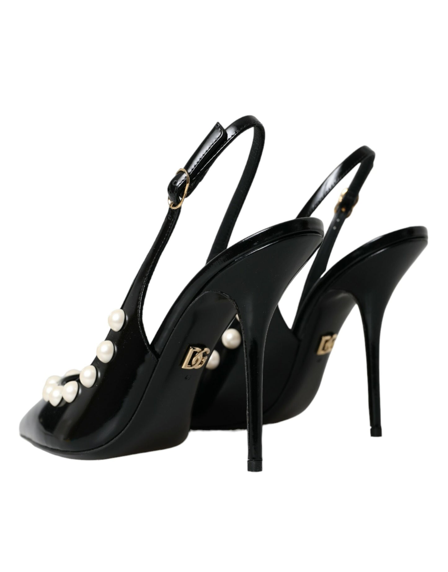 Black Leather Faux Pearl Heel Slingback Shoes - The Luxe Alliance