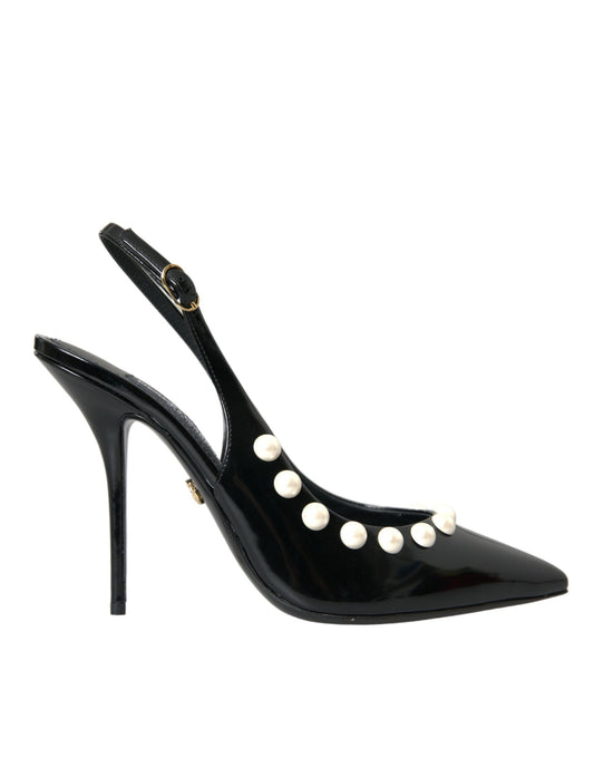 Black Leather Faux Pearl Heel Slingback Shoes - The Luxe Alliance