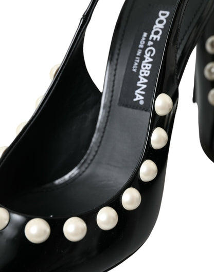 Black Leather Faux Pearl Heel Slingback Shoes - The Luxe Alliance