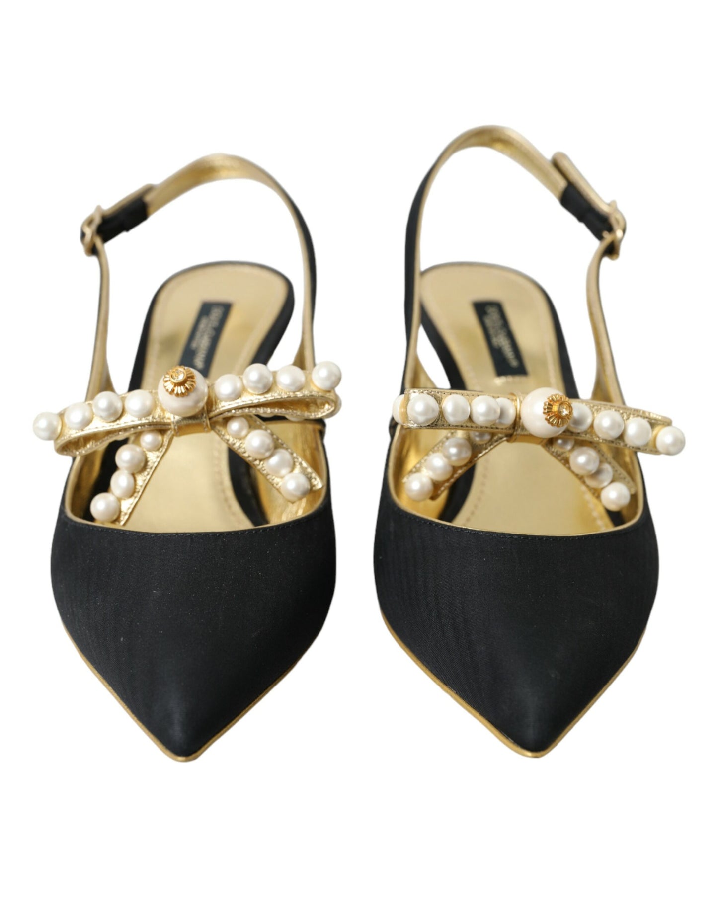 Black Leather Faux Pearls Slingbacks Shoes - The Luxe Alliance