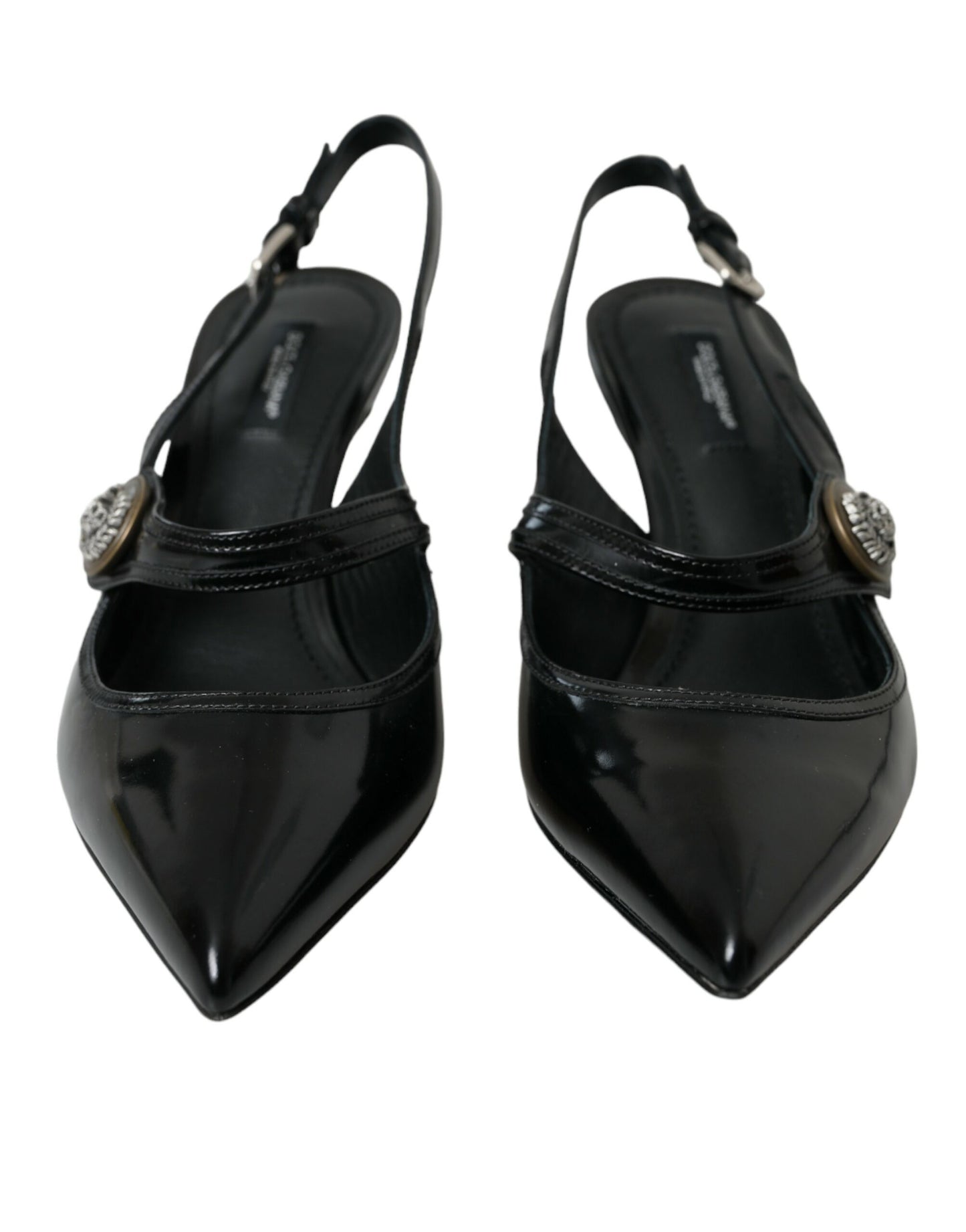 Black Leather Embellished Slingbacks Shoes - The Luxe Alliance