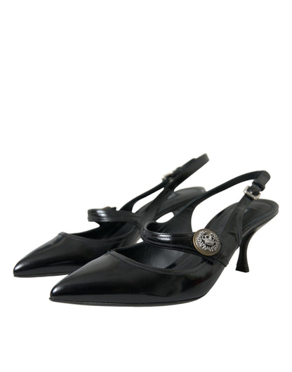 Black Leather Embellished Slingbacks Shoes - The Luxe Alliance