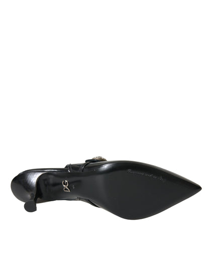 Black Leather Embellished Slingbacks Shoes - The Luxe Alliance