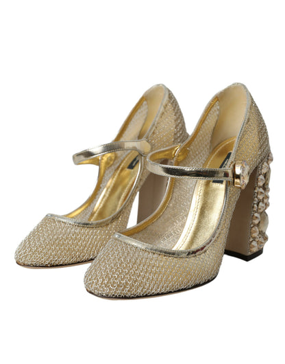 Gold Mesh Crystal Mary Jane Pumps Heels Shoes - The Luxe Alliance