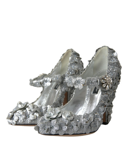 Silver Floral Crystal Mary Jane Pumps Shoes - The Luxe Alliance