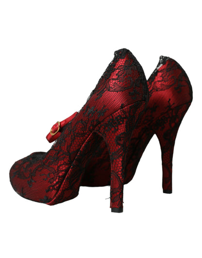 Red Black Floral Lace Mary Jane Pumps Shoes - The Luxe Alliance