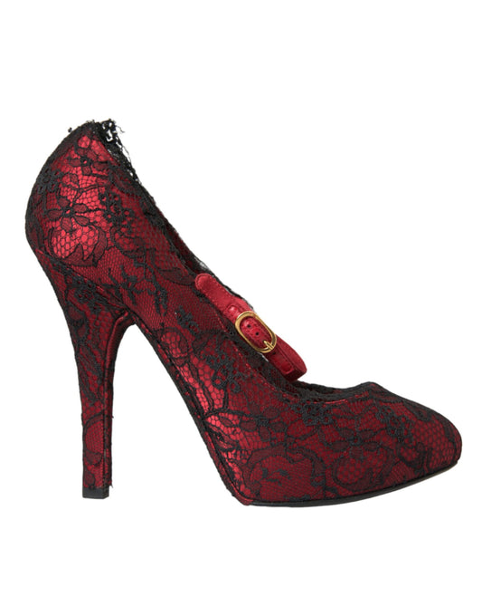 Red Black Floral Lace Mary Jane Pumps Shoes - The Luxe Alliance