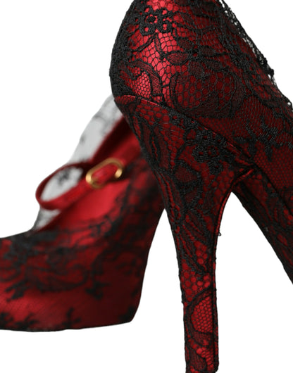 Red Black Floral Lace Mary Jane Pumps Shoes - The Luxe Alliance