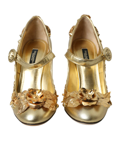 Gold Leather Crystal Mary Janes Pumps Shoes - The Luxe Alliance